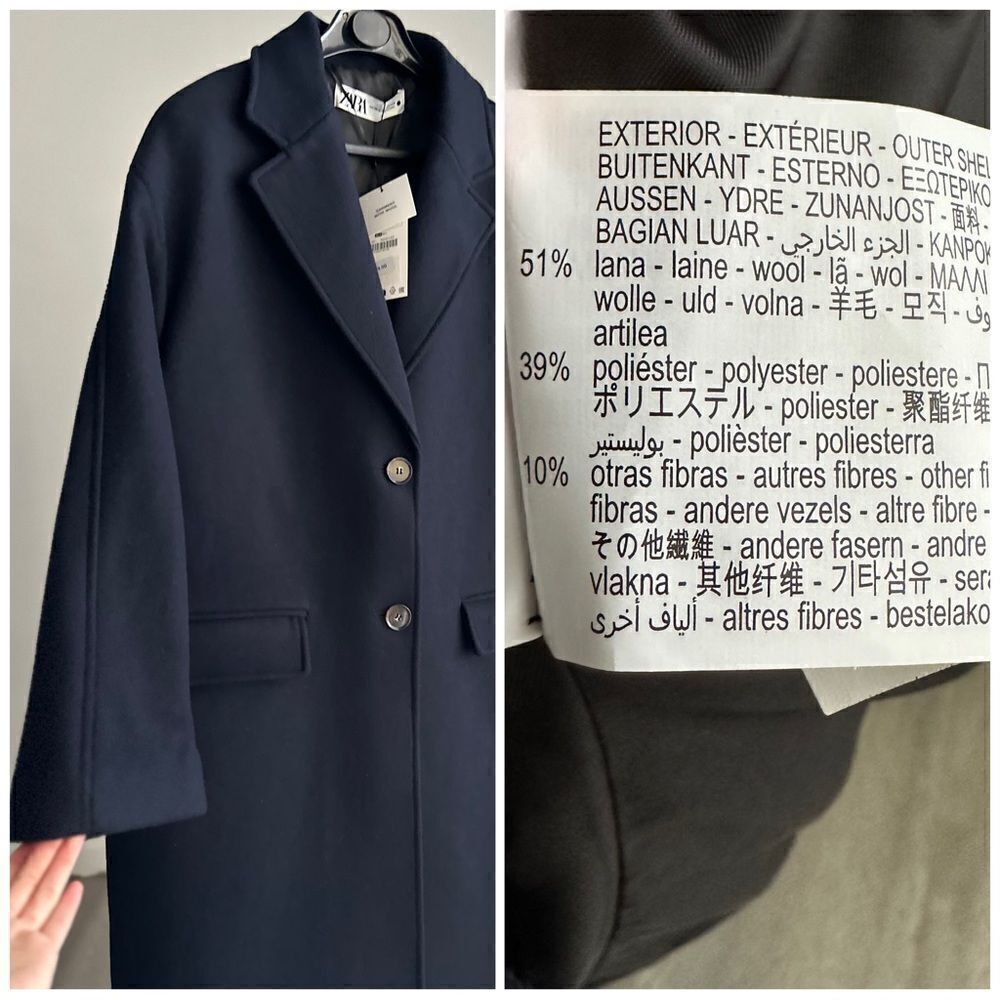 Zara 51% Wool Blend Oversized Runs Big Wide Cut Coat Navy New Lined
